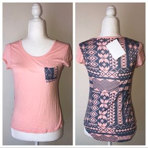 Pink Tee with Blue/Grey Tribal Print Pocket/Back